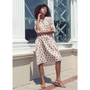 Mille Coral Medallion Saffron Midi Dress Elbow-Sleeves Hand Block Paint Size XS